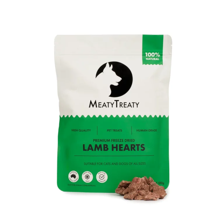 Meaty Treaty green Package with example of lamb hearts