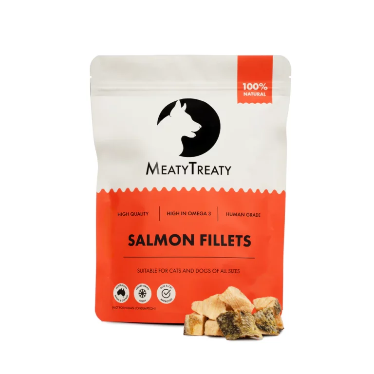 Meaty Treaty's salmon fillets in a orange package with example diced freeze dried salmon pieces