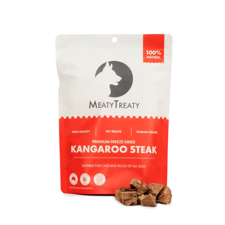 An orange and white packet of Dog or Cat treats by Meaty Treaty containing Kangaroo Steak.
