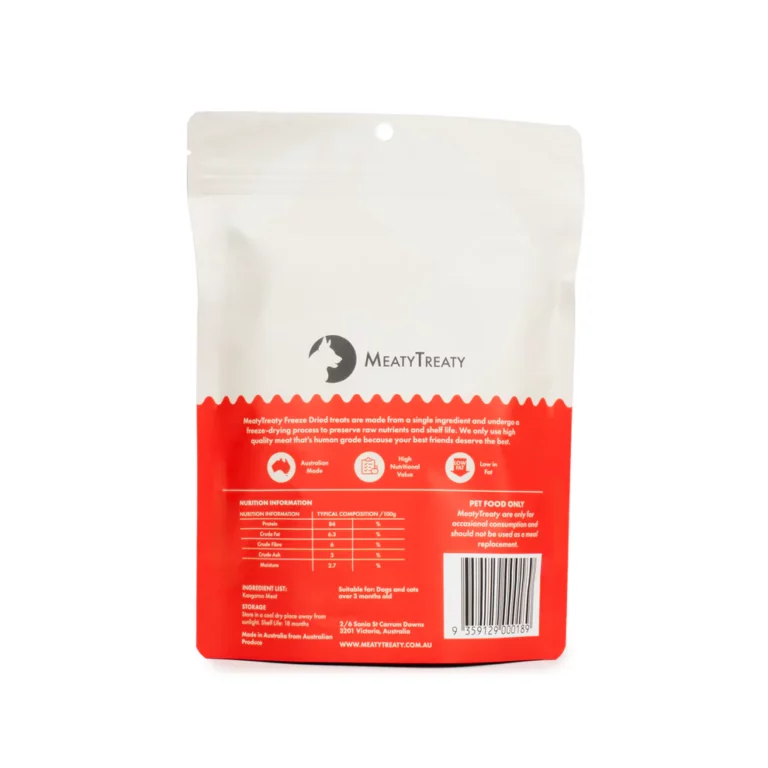The back of a orange and white packet of Dog or Cat treats by Meaty Treaty containing Kangaroo Steak.