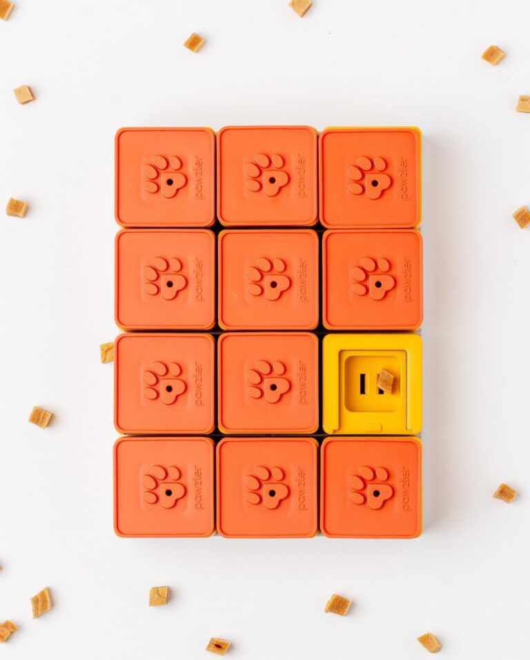 Pawzler Treat Maze a orange and yellow puzzle that can be rearranged to different maze designs.