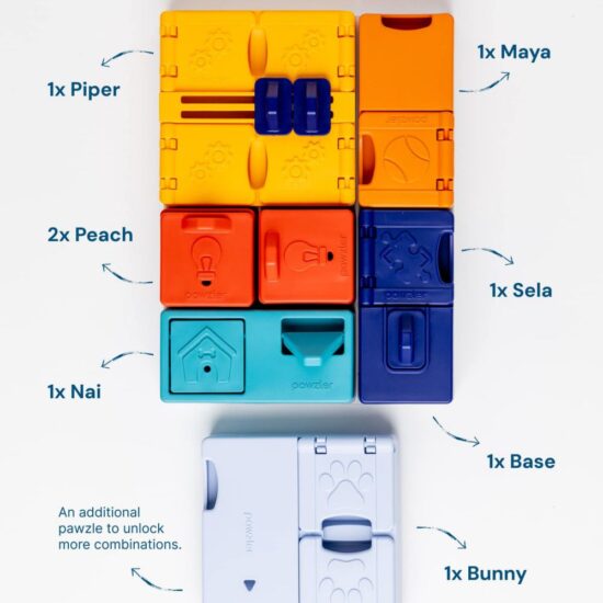 The Pawzler Genius Puzzle set showing how its modular with the Bunny, Base, Sela, Maya, Piper, 2x Peach and Nai.