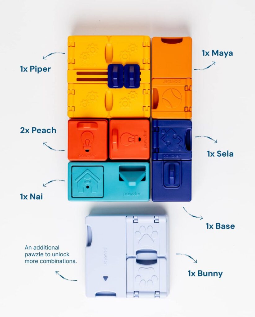 The Pawzler Genius Puzzle set showing how its modular with the Bunny, Base, Sela, Maya, Piper, 2x Peach and Nai.